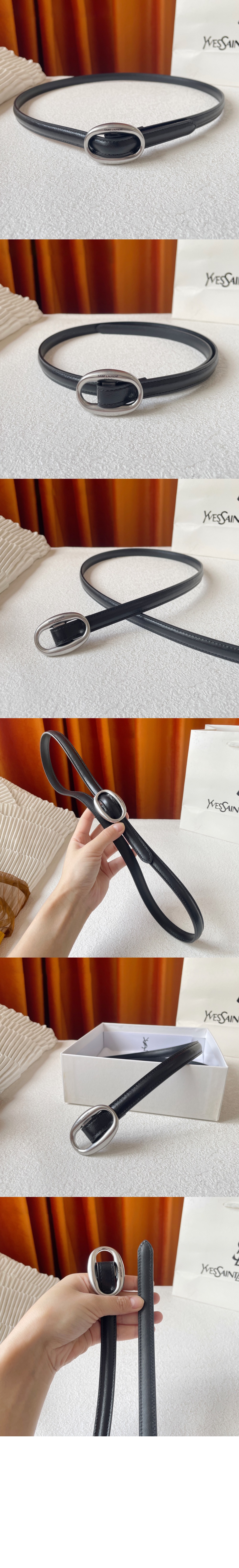 생로랑 부드러운 가죽 소재의 타원형 버클 슬림 벨트 756409