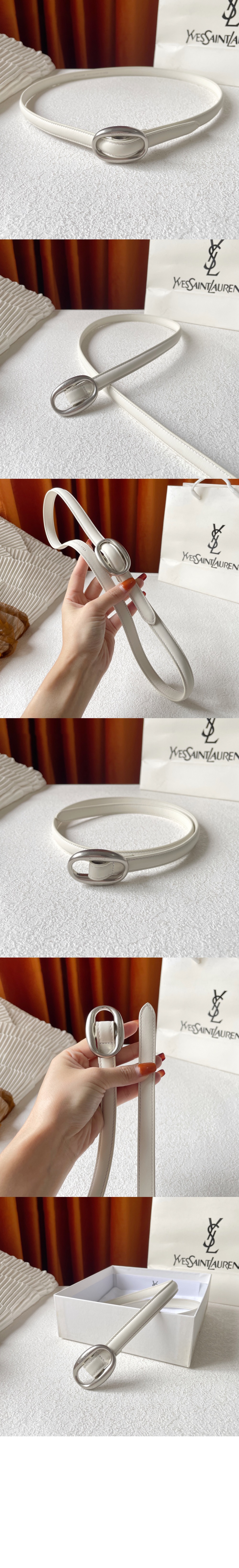 생로랑 부드러운 가죽 소재의 타원형 버클 슬림 벨트 756409