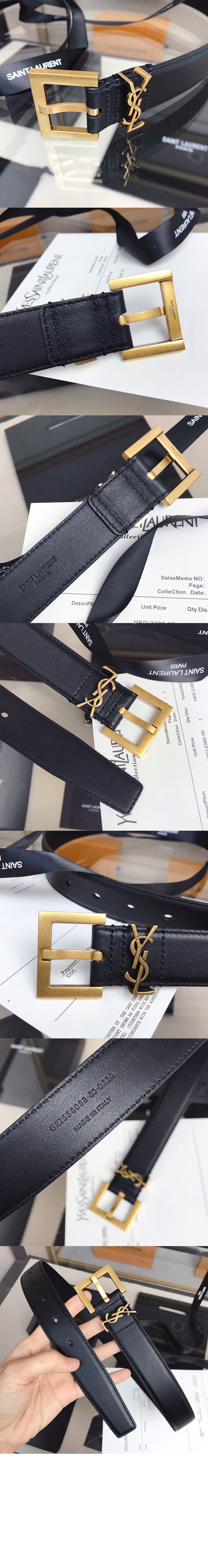 생로랑 부드러운 가죽 소재의 스퀘어 버클 모노그램 벨트 634437