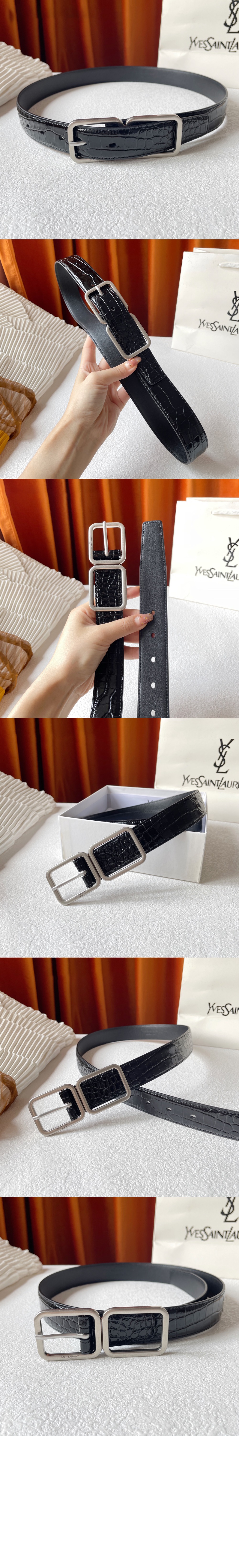생로랑 크로커다일 엠보스드 가죽 소재의 더블 버클 벨트 6698651