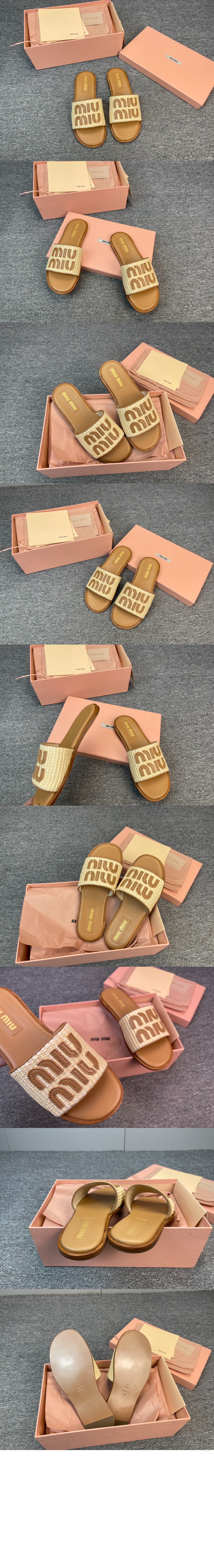 미우미우 라피아 효과 우븐 패브릭 슬라이드 5XX644