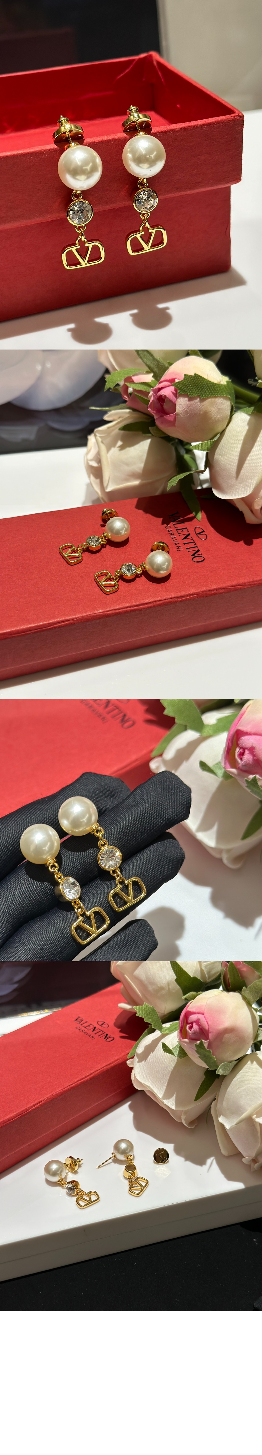 발렌티노 크리스털 장식 브이로고 시그니처 이어링