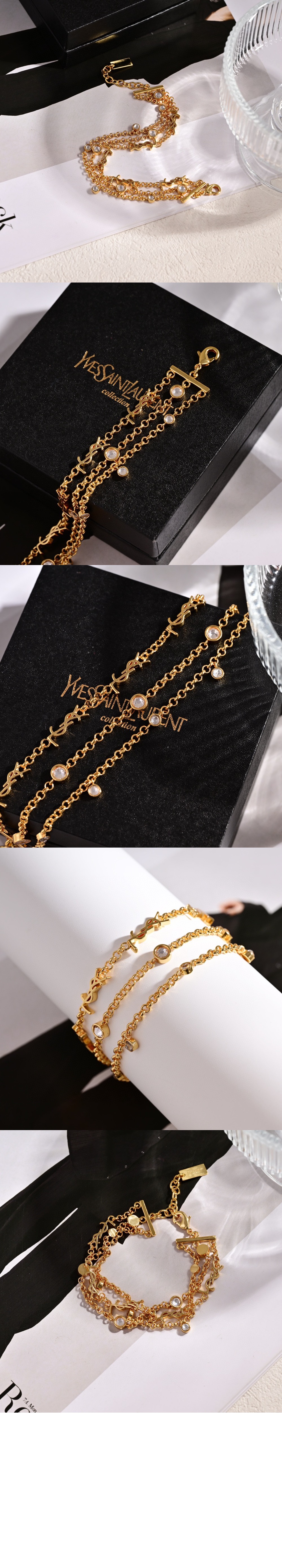 생로랑 메탈 및 크리스탈 소재의 CASSANDRE 멀티 체인 브레이슬릿 770495